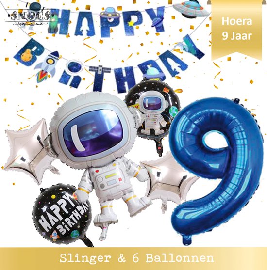 Super Ballon Set van 7 inclusief Slinger Nummer 9 - 9 Jaar - Ruimte - Space - Raket - Astronaut - Slinger - Ballonnen - Galaxy - Happy Birthday Slinger + Balonnen en cijfer 9 Ruimtevaart - Space - Planeten - Versiering - Galaxy thema * Snoes