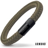 ARMBND® Heren armband - Legergroen Touw met Zwart Staal - Armand heren - Maat L/XL - 24 cm lang - The original - Touw armband