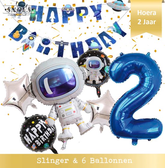 Super Ballon Set van 7 inclusief Slinger Nummer 2 - 2 Jaar - Ruimte - Space - Raket - Astronaut - Slinger - Ballonnen - Galaxy - Happy Birthday Slinger + Balonnen en cijfer 2 Ruimtevaart - Space - Planeten - Versiering - Galaxy thema * Snoes
