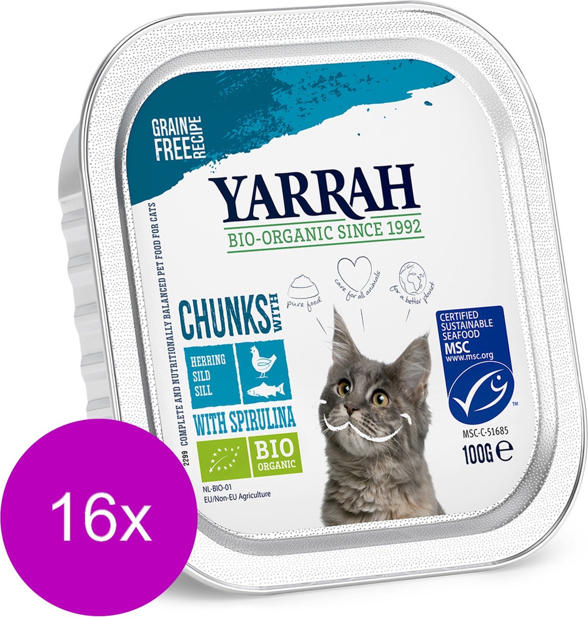 Yarrah Yarrah Bio Kat Alu Brokjes In Saus - Kip & Haring - Kattenvoer - 16 x 100 g NL-BIO-01
