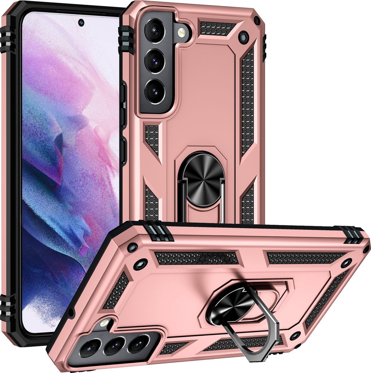 Mobigear Hoesje geschikt voor Samsung Galaxy S22 Telefoonhoesje Hardcase | Mobigear Armor Ring Backcover Shockproof met Ringhouder | Schokbestendig Galaxy S22 Telefoonhoesje | Anti Shock Proof - Roségoud