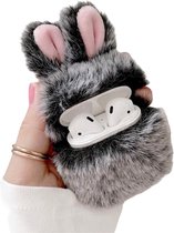 Casies Bunny Airpods case - Apple AirPods 1 & 2 - Grijs - konijnen hoesje softcase - Pluche / Fluffy