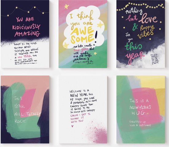 Marieke Loves to Draw - Xmas & NY Cards - 6 luxe kaarten incl envelop - uniek XL formaat - kado-doosje - stuur hoop en liefde uit dit jaar!