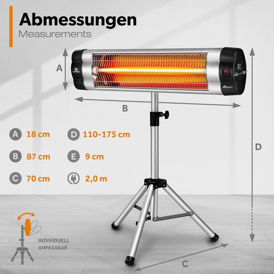 Tresko Staande Infrarood Warmtestraler 2000W met 3 Warmtestanden en LED
