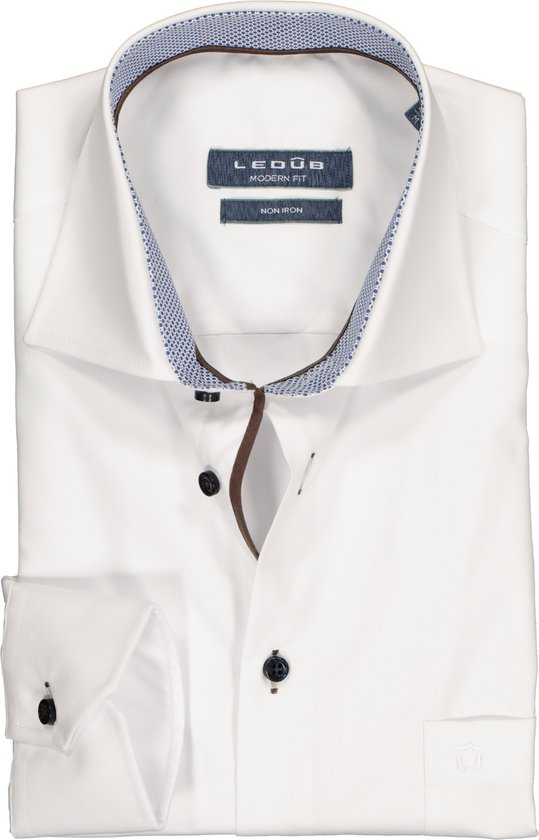 Ledub Modern Fit overhemd - wit twill (contrast) - Strijkvrij - Boordmaat: 39