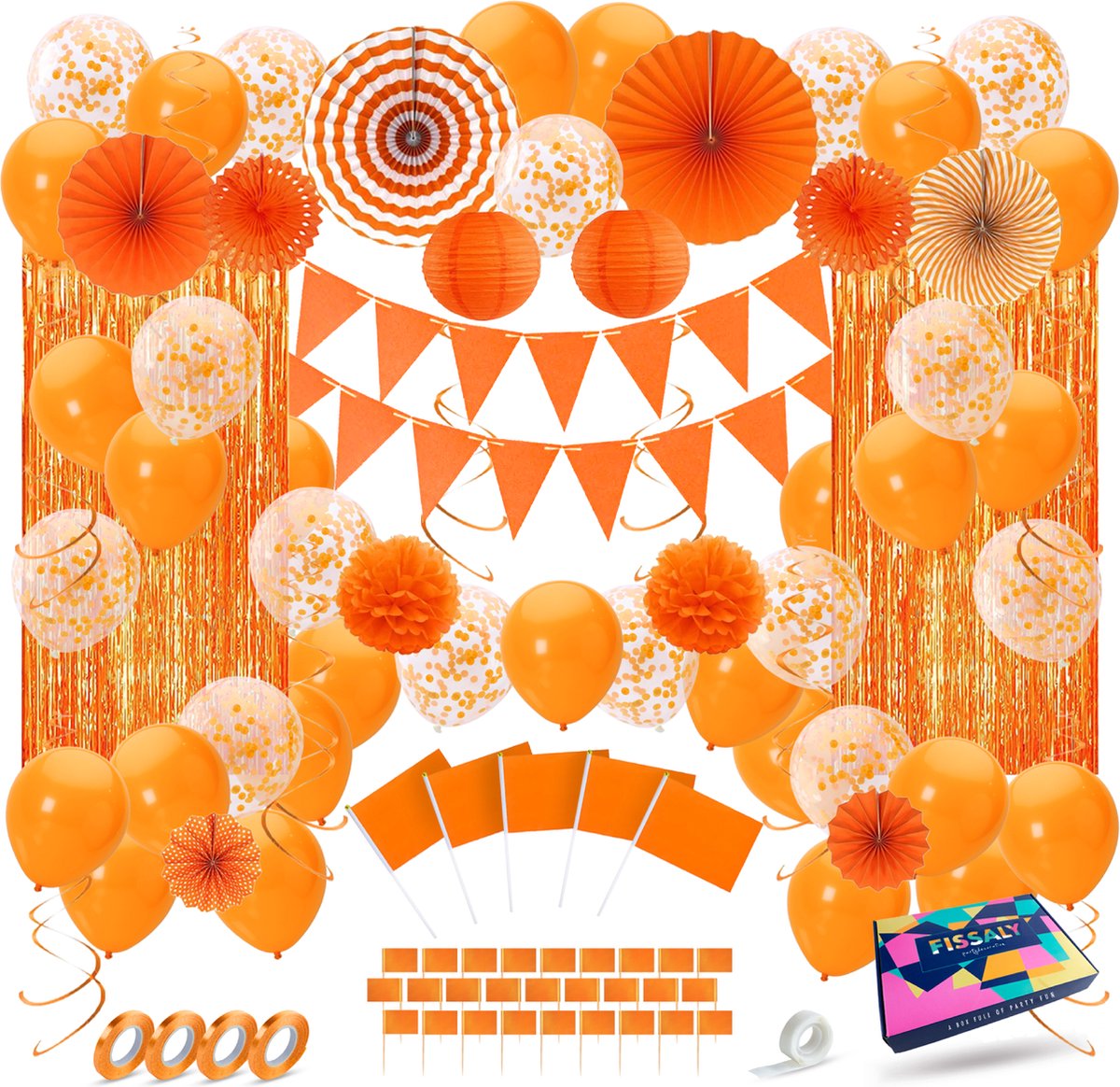 Fissaly 108 Stuks Nederland Oranje Decoratie Set – Feest Verjaardag Versiering met Ballonnen, Vlaggetjes & Slinger – Koningsdag – Voetbal Thema Feest – Ik hou van Holland - Fissaly