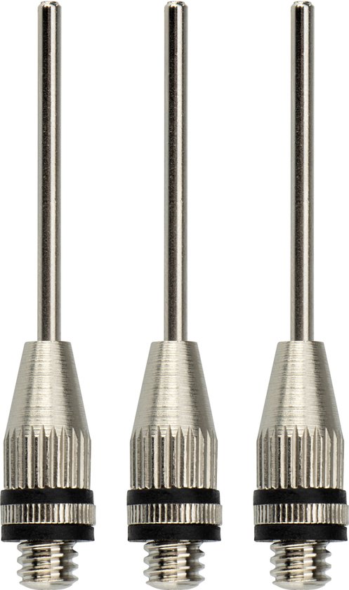 Drie zilverkleurige metalen pump needles met gekartelde schroefdraad en zwarte ring.