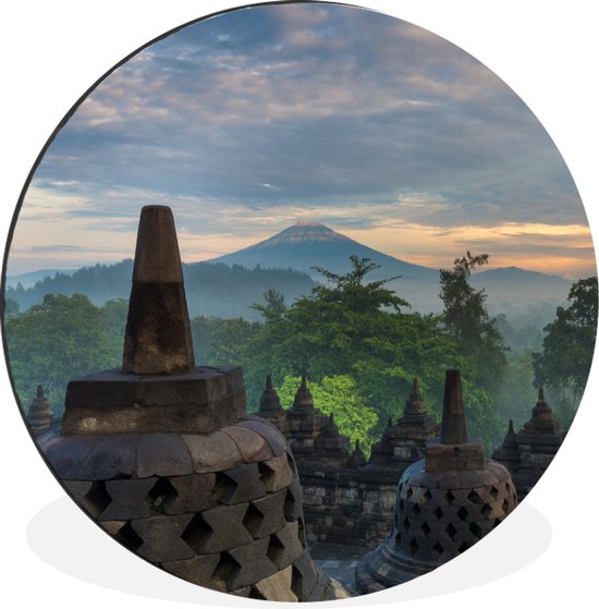 WallCircle - Wandcirkel - Muurcirkel - Zonsopgang bij de tempel Borobudur in Indonesië - Aluminium - Dibond - ⌀ 60 cm - Binnen en Buiten