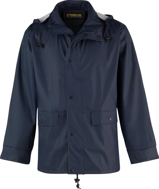 Un imperméable bleu marine avec capuche, fermeture à boutons-pression et deux poches à rabat.