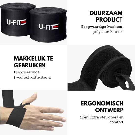 U Fit One 2 Stuks Boks Bandage - Zwart 250 cm - Kickboks bandage - Boxing Wraps - Boxing bandage - Kickboks bandage - Boksen - Kickboxen - Muay Thai - U Fit One
