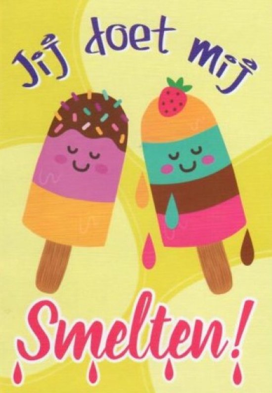 Jij doet mij smelten! Een gekleurde en schattige wenskaart met twee vrolijke ijsjes. Een dubbele wenskaart inclusief envelop en in folie verpakt.