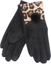 Handschoenen Panterprint en Pompon - Dames - One Size - Touchscreen Tip - Zwart
