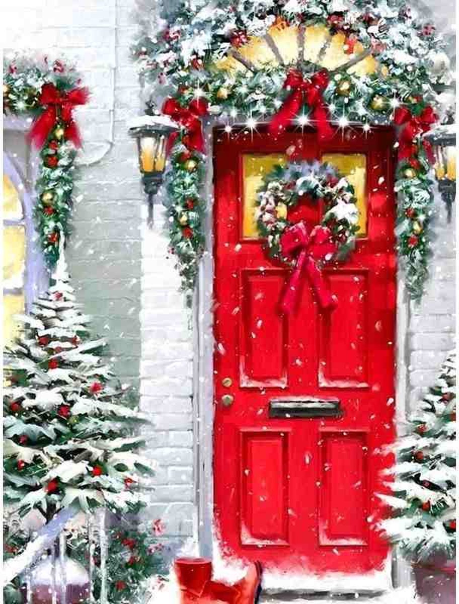 Diamond painting - Versierde kerstdeur - Kerst - Geproduceerd in Nederland - 60 x 90 cm - canvas materiaal - vierkante steentjes - Binnen 2-3 werkdagen in huis