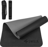 SWILIX ® TPE Yoga Mat - fitnessmat - 190 x 66 cm Groot sportmat - Incl. Draagriem En Draagtas - Zwart/Grijs