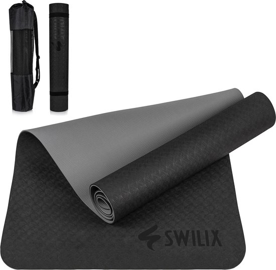 SWILIX ® TPE Yoga Mat - Incl. Draagriem En Draagtas - Zwart/Grijs