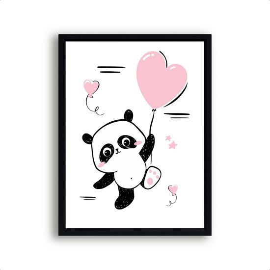 Poster Roze Panda met Hartjes Ballon - Meisjeskamer - Babyshower / Geboorte Cadeau - Babykamer - 40x30cm - Postercity