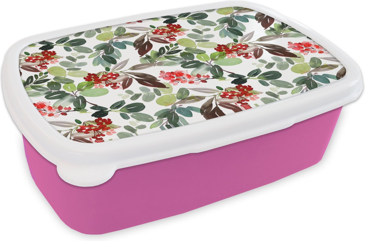 Broodtrommel Roze - Lunchbox - Brooddoos - Bessen - Kerst - Waterverf - 18x12x6 cm - Kinderen - Meisje