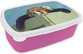 Broodtrommel Roze - Lunchbox - Brooddoos - Panda - Hout - Rood - 18x12x6 cm - Kinderen - Meisje