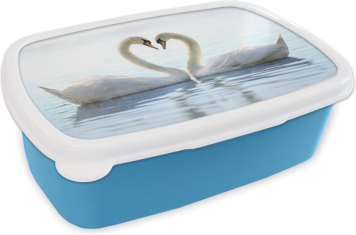 Broodtrommel Blauw - Lunchbox - Brooddoos - Zwanen - Hart - Koppel - 18x12x6 cm - Kinderen - Jongen