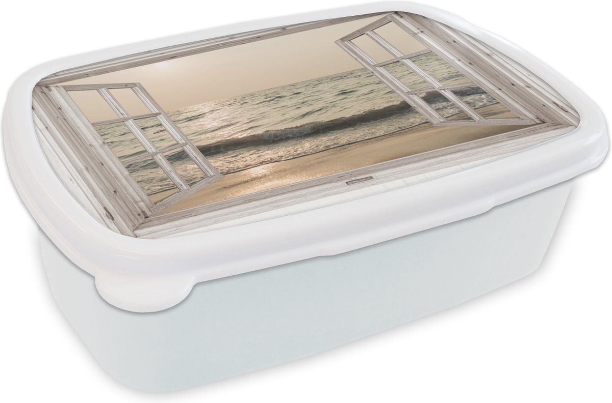 Broodtrommel Wit - Lunchbox - Brooddoos - Doorkijk - Zee - Strand - 18x12x6 cm - Volwassenen