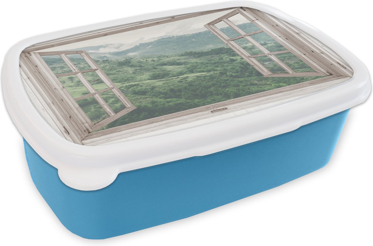 Broodtrommel Blauw - Lunchbox - Brooddoos - Doorkijk - Berg - Hout - 18x12x6 cm - Kinderen - Jongen