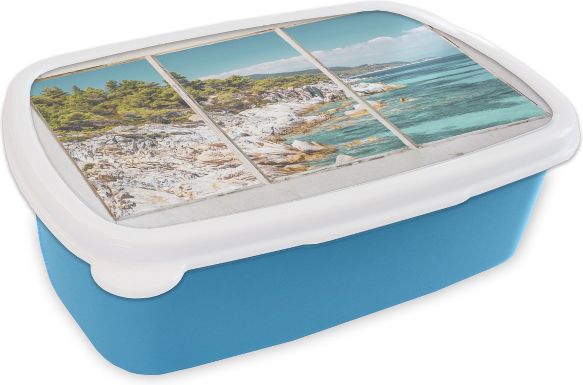 Broodtrommel Blauw - Lunchbox - Brooddoos - Doorkijk - Zee - Strand - 18x12x6 cm - Kinderen - Jongen