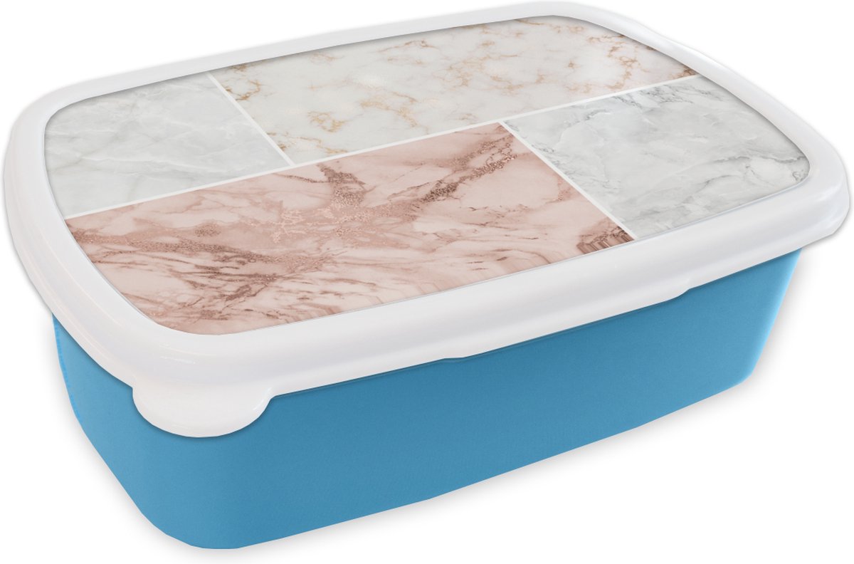 Broodtrommel Blauw - Lunchbox - Brooddoos - Marmer - Rosé - Luxe - 18x12x6 cm - Kinderen - Jongen
