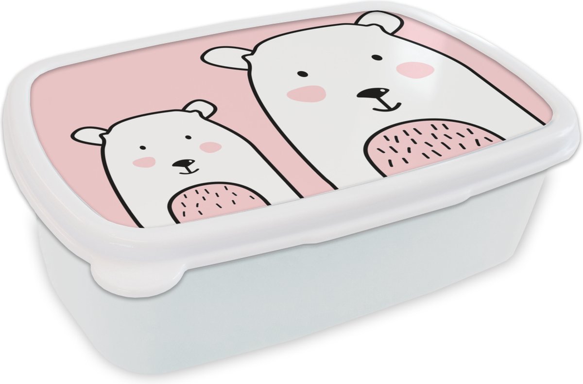 Broodtrommel Wit - Lunchbox - Brooddoos - Beer - Dieren - Roze - Kinderen - 18x12x6 cm - Volwassenen