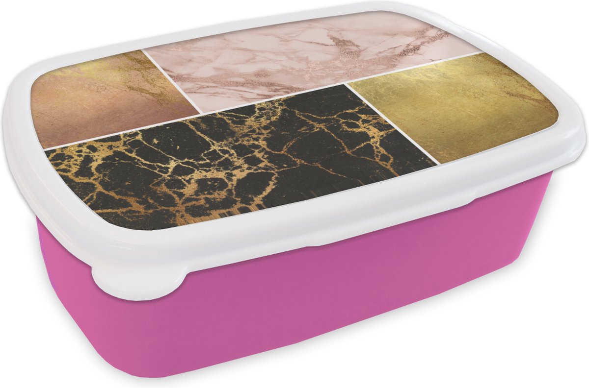 Broodtrommel Roze - Lunchbox - Brooddoos - Marmer - Rosé - Goud - 18x12x6 cm - Kinderen - Meisje