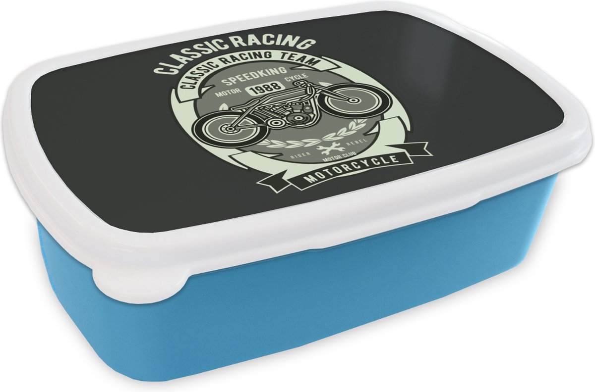 Broodtrommel Blauw - Lunchbox - Brooddoos - Motor - Tekening - Retro - 18x12x6 cm - Kinderen - Jongen