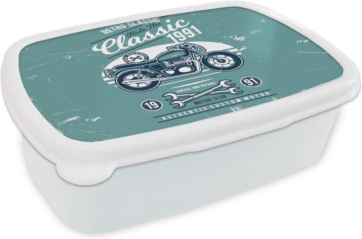 Broodtrommel Wit - Lunchbox - Brooddoos - Motor - Gereedschap - Retro - 18x12x6 cm - Volwassenen