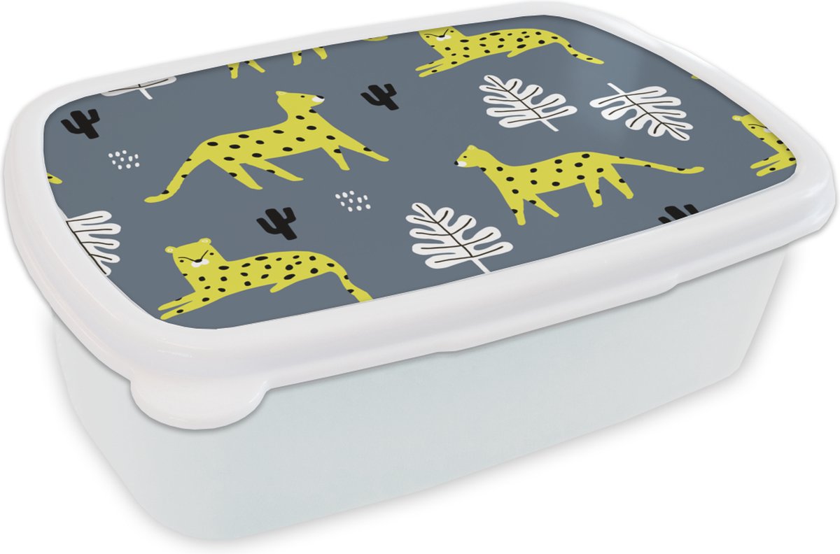 Broodtrommel Wit - Lunchbox - Brooddoos - Luipaard - Blad - Patronen - 18x12x6 cm - Volwassenen