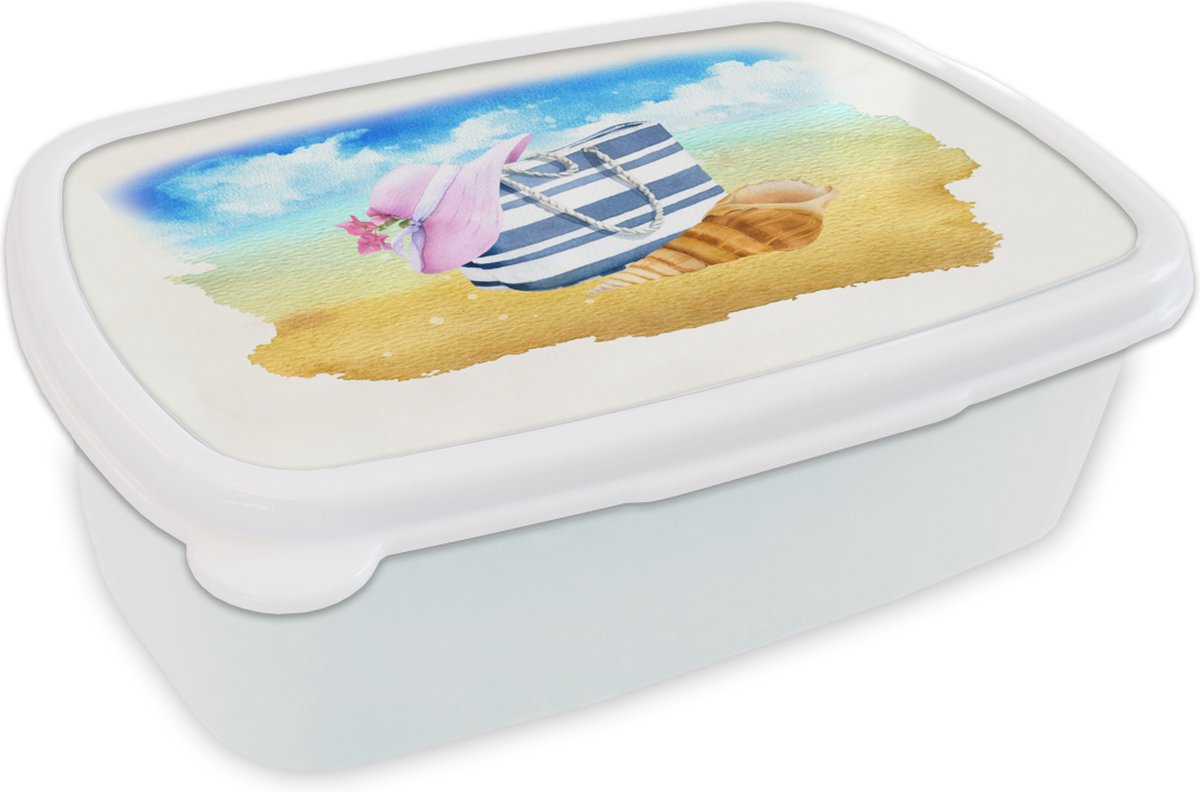 Broodtrommel Wit - Lunchbox - Brooddoos - Tas - Hoed - Schelp - Strand - 18x12x6 cm - Volwassenen