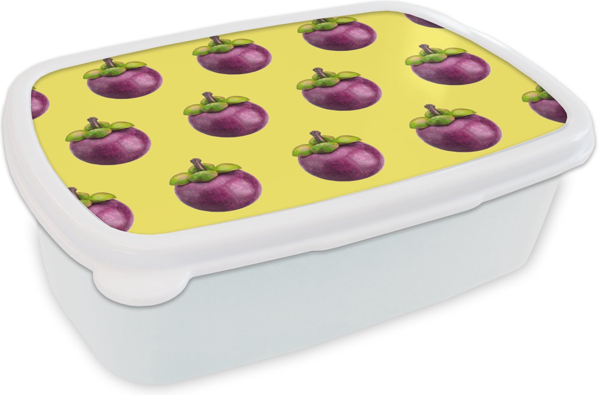 Broodtrommel Wit - Lunchbox - Brooddoos - Fruit - Paars - Patroon - 18x12x6 cm - Volwassenen
