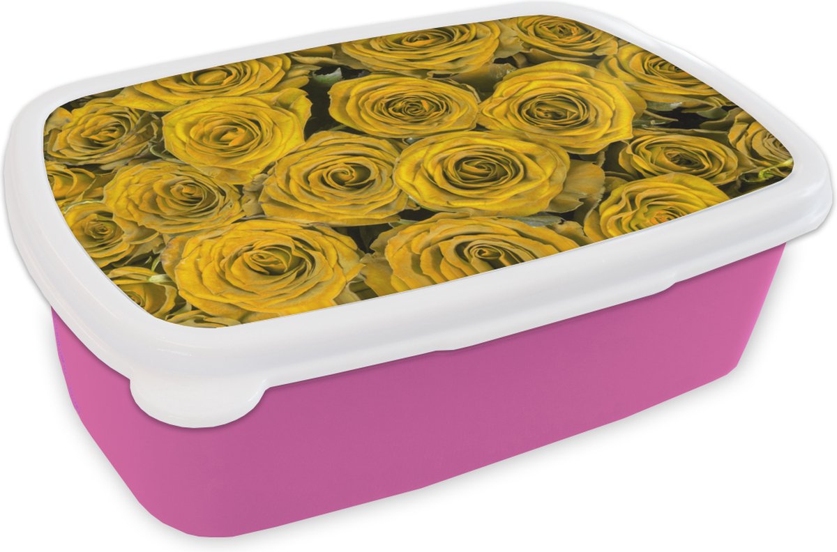 Broodtrommel Roze - Lunchbox - Brooddoos - Rozen - Geel - Boeket - 18x12x6 cm - Kinderen - Meisje