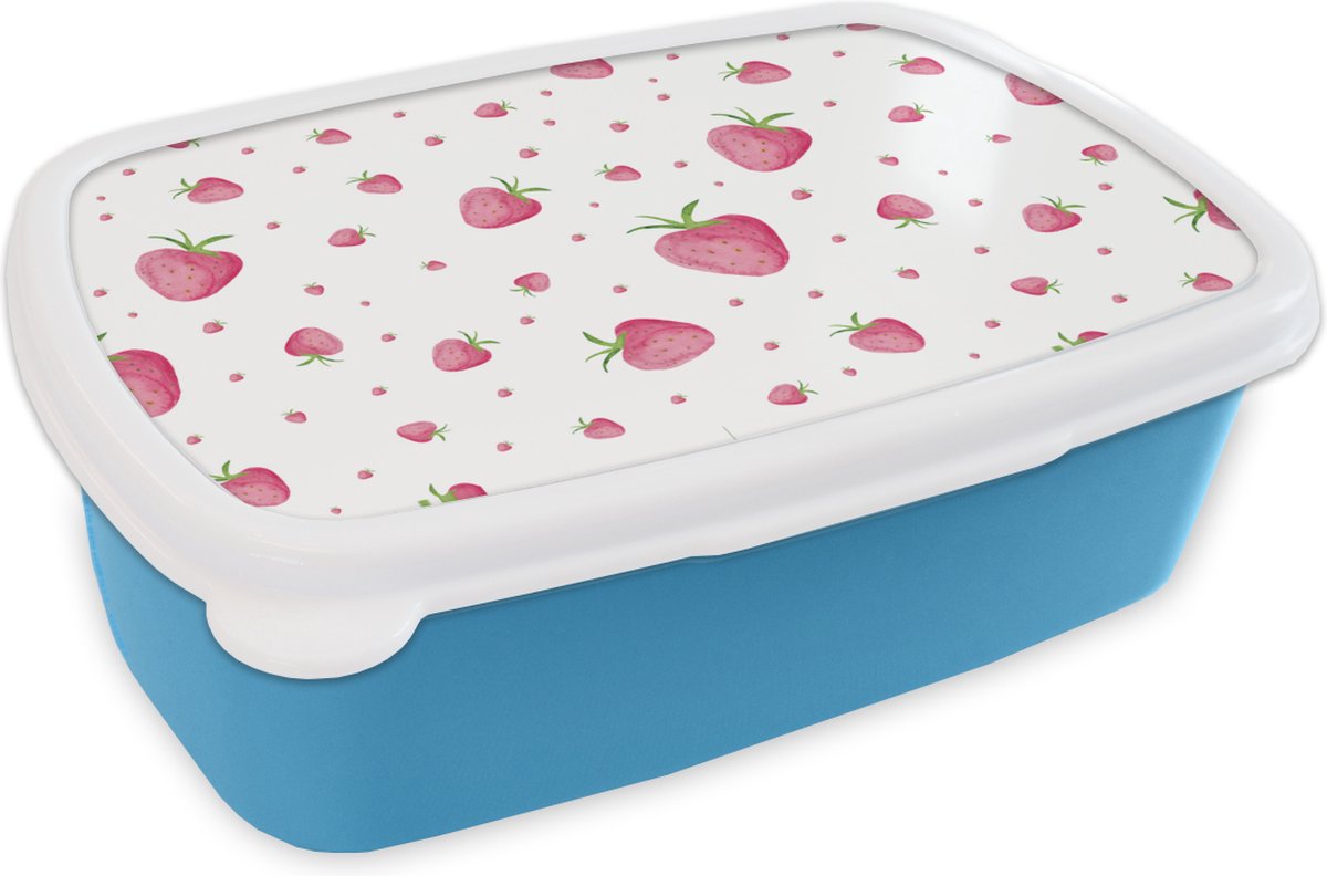 Broodtrommel Blauw - Lunchbox - Brooddoos - Aardbei - Fruit - Wit - 18x12x6 cm - Kinderen - Jongen