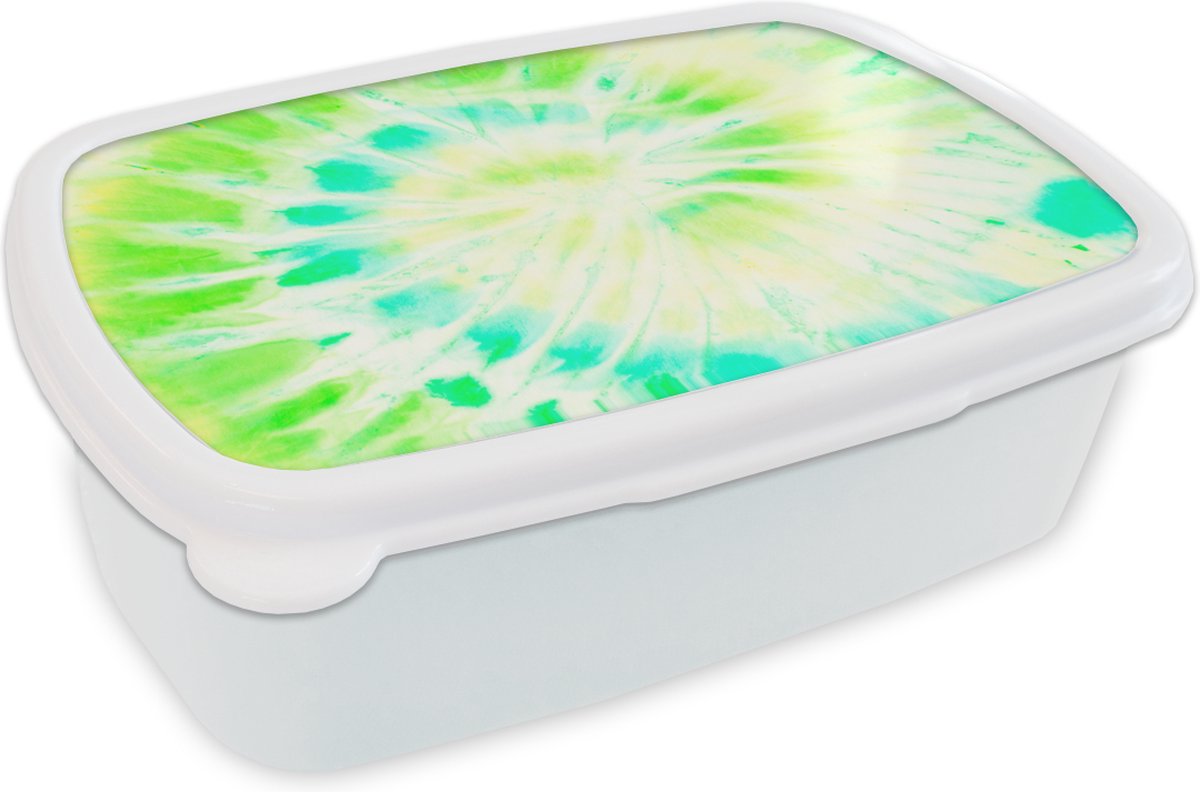 Broodtrommel Wit - Lunchbox - Brooddoos - Tie dye - Kunst - Geel - Groen - 18x12x6 cm - Volwassenen