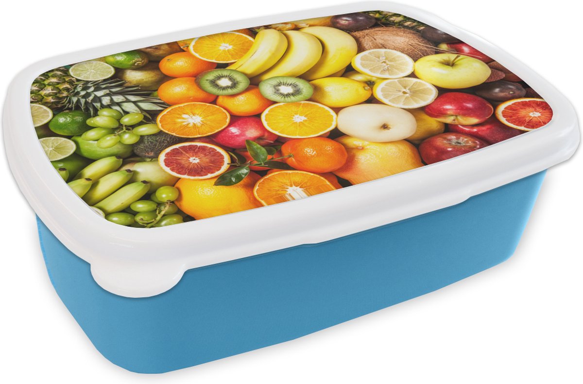 Broodtrommel Blauw - Lunchbox - Brooddoos - Kiwi - Banaan - Fruit - 18x12x6 cm - Kinderen - Jongen