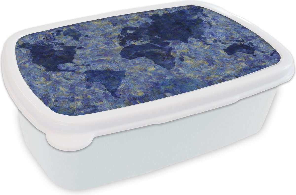 Broodtrommel Wit - Lunchbox - Brooddoos - Wereldkaart - Van Gogh - Verf - 18x12x6 cm - Volwassenen