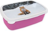 Broodtrommel Roze - Lunchbox - Brooddoos - Vos - Sneeuw - Bos - 18x12x6 cm - Kinderen - Meisje