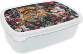 Broodtrommel Wit - Lunchbox - Brooddoos - Leeuwen - Bloemen - Kleur - 18x12x6 cm - Volwassenen