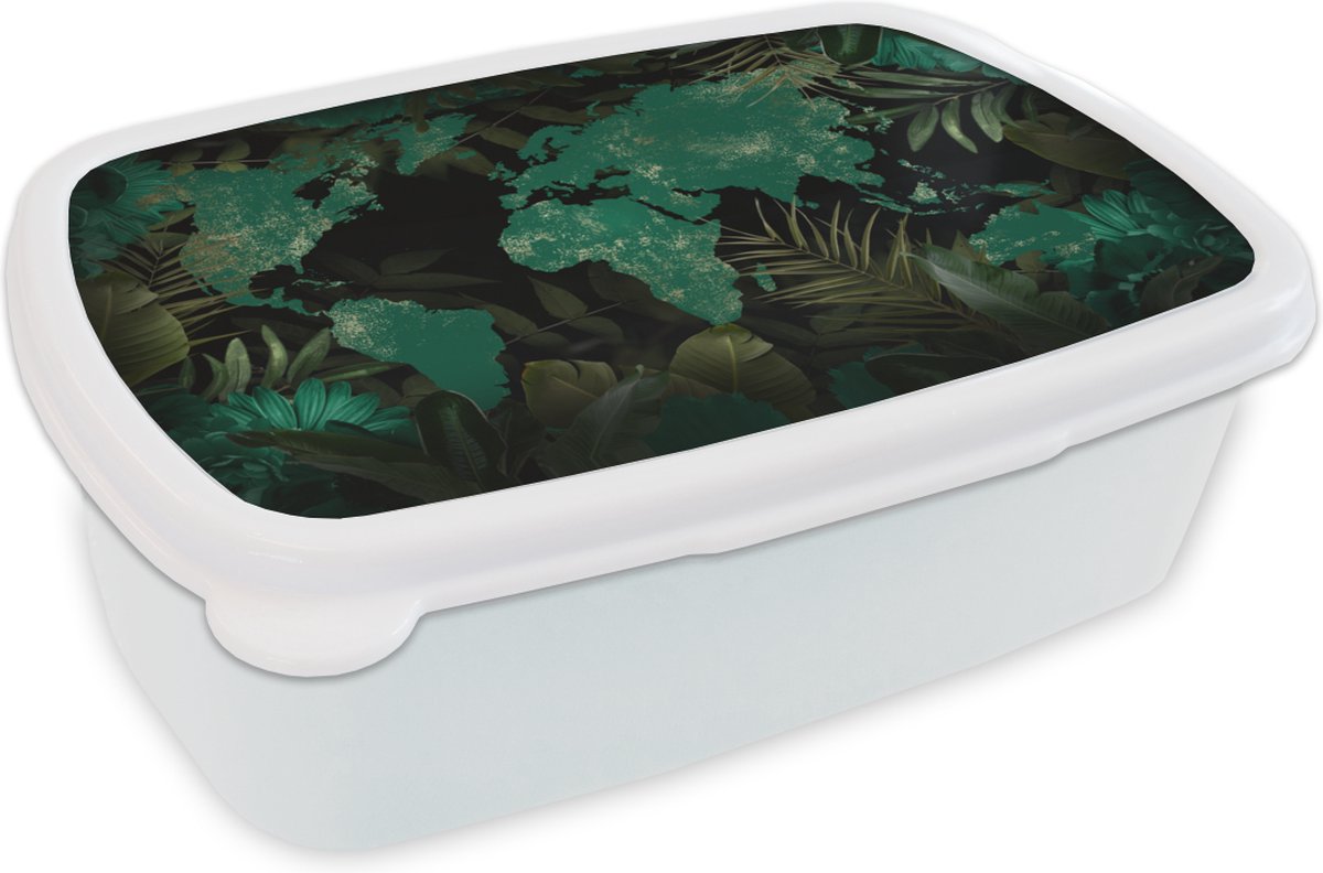 Broodtrommel Wit - Lunchbox - Brooddoos - Wereldkaart - Groen - Bladeren - 18x12x6 cm - Volwassenen