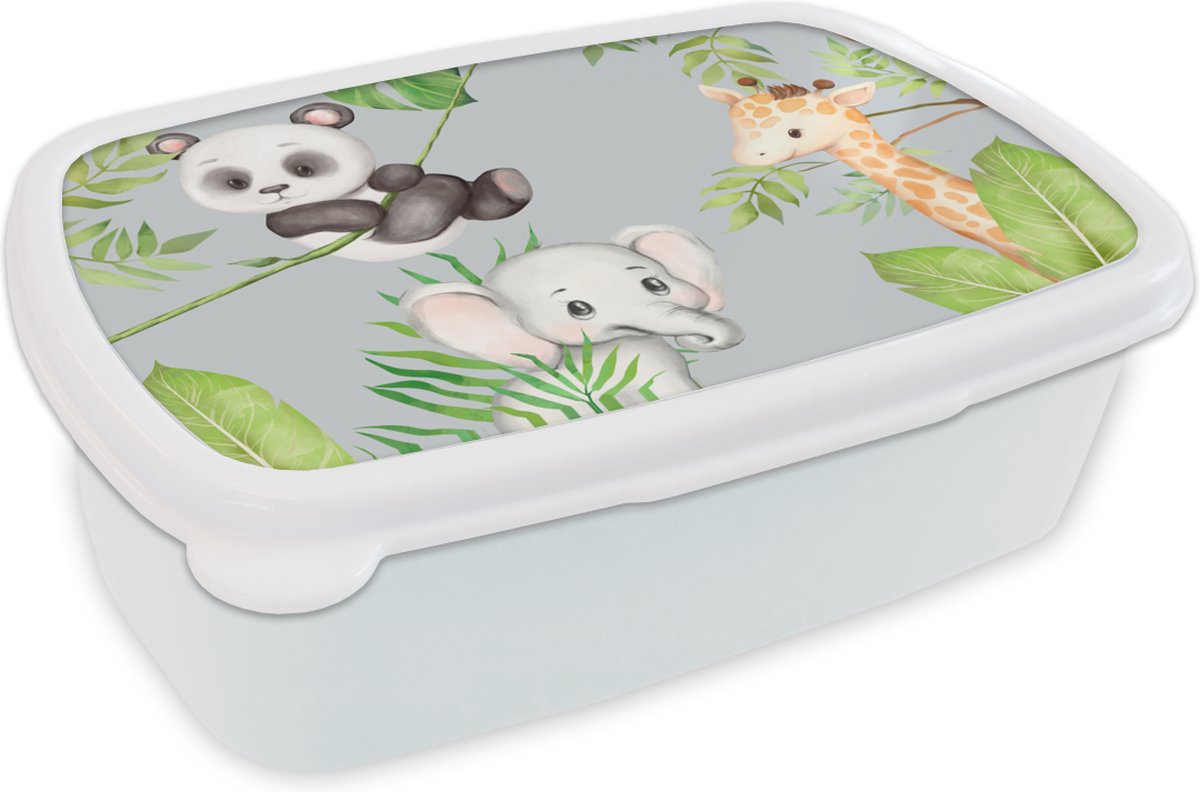 Broodtrommel Wit - Lunchbox - Brooddoos - Jungle - Bladeren - Dieren - 18x12x6 cm - Volwassenen