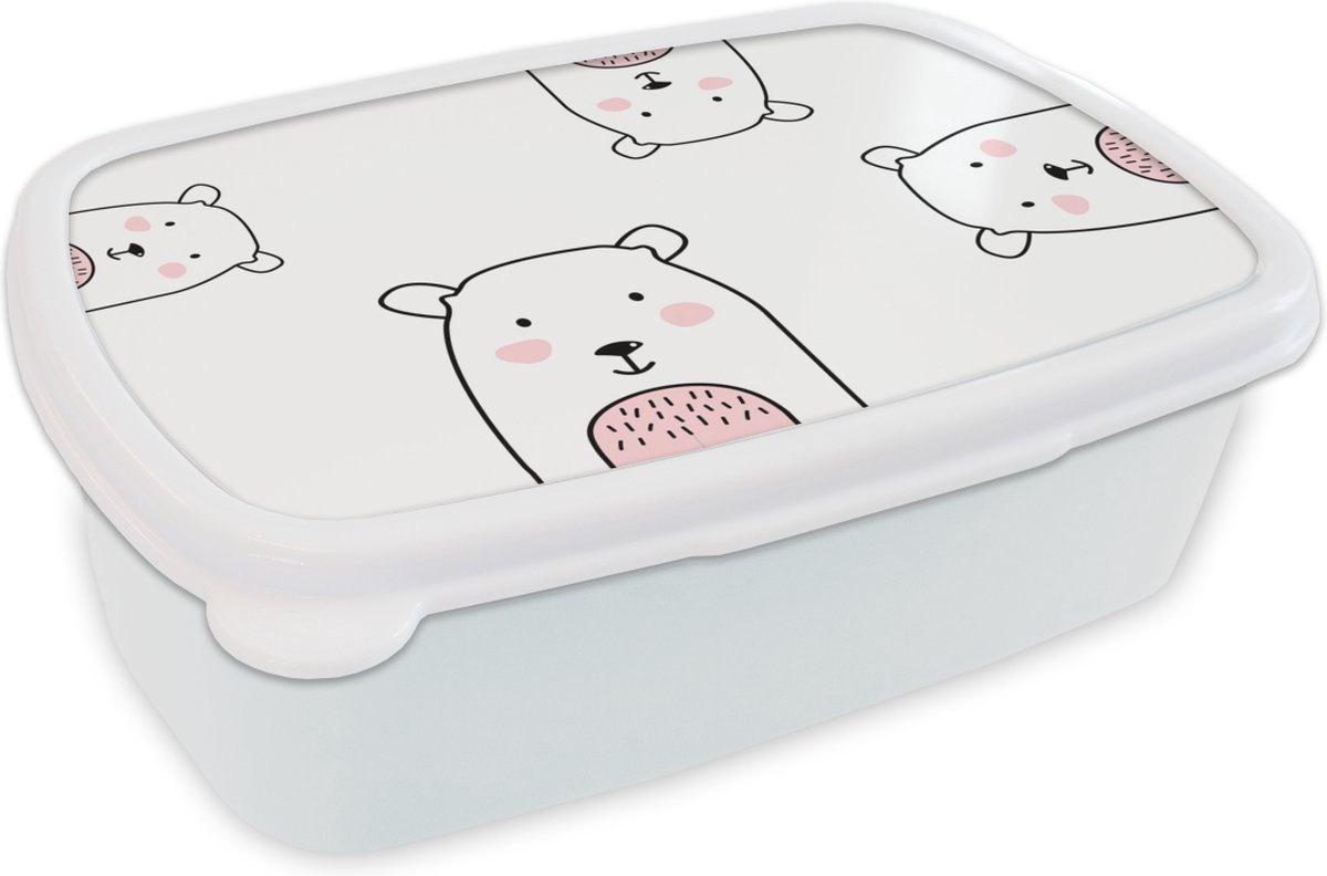 Broodtrommel Wit - Lunchbox - Brooddoos - Beer - Kinderen - Dieren - 18x12x6 cm - Volwassenen