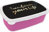 Broodtrommel Roze - Lunchbox - Brooddoos - Quote - Leven - Goud - Zwart - 18x12x6 cm - Kinderen - Meisje