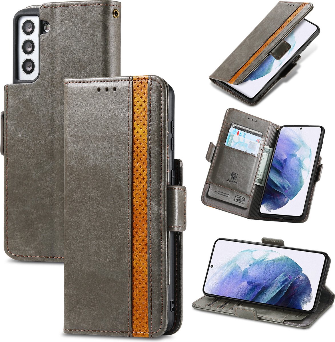 Stijlvol Tweekleurig PU-leer Wallet Flip Case voor Galaxy S21 5G _ Grijs