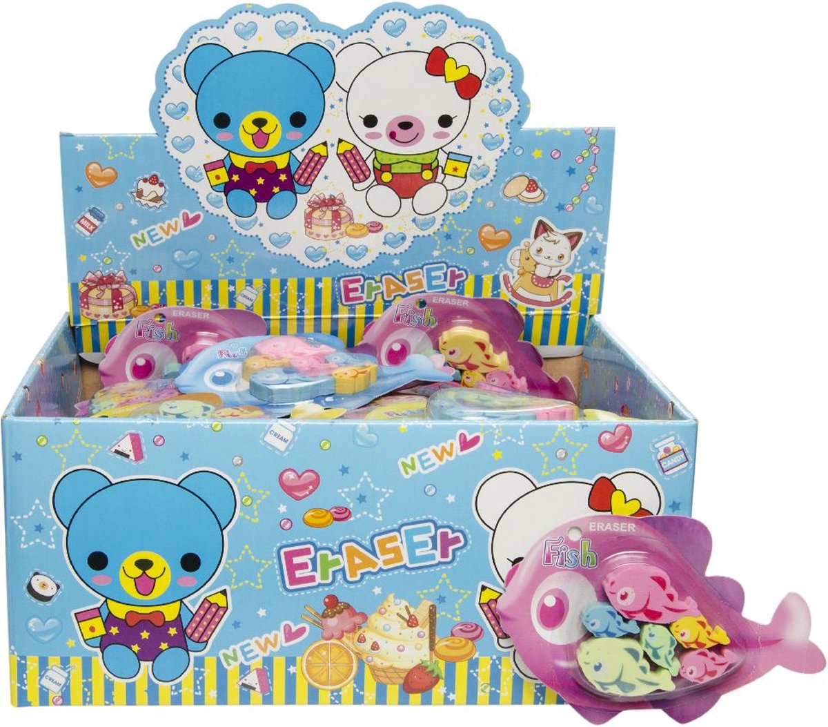 90x gum gommetjes vissen op displaykaart - displaydoos 12 x 8 cm uitdeelcadeautje traktatie kinderverrassingen