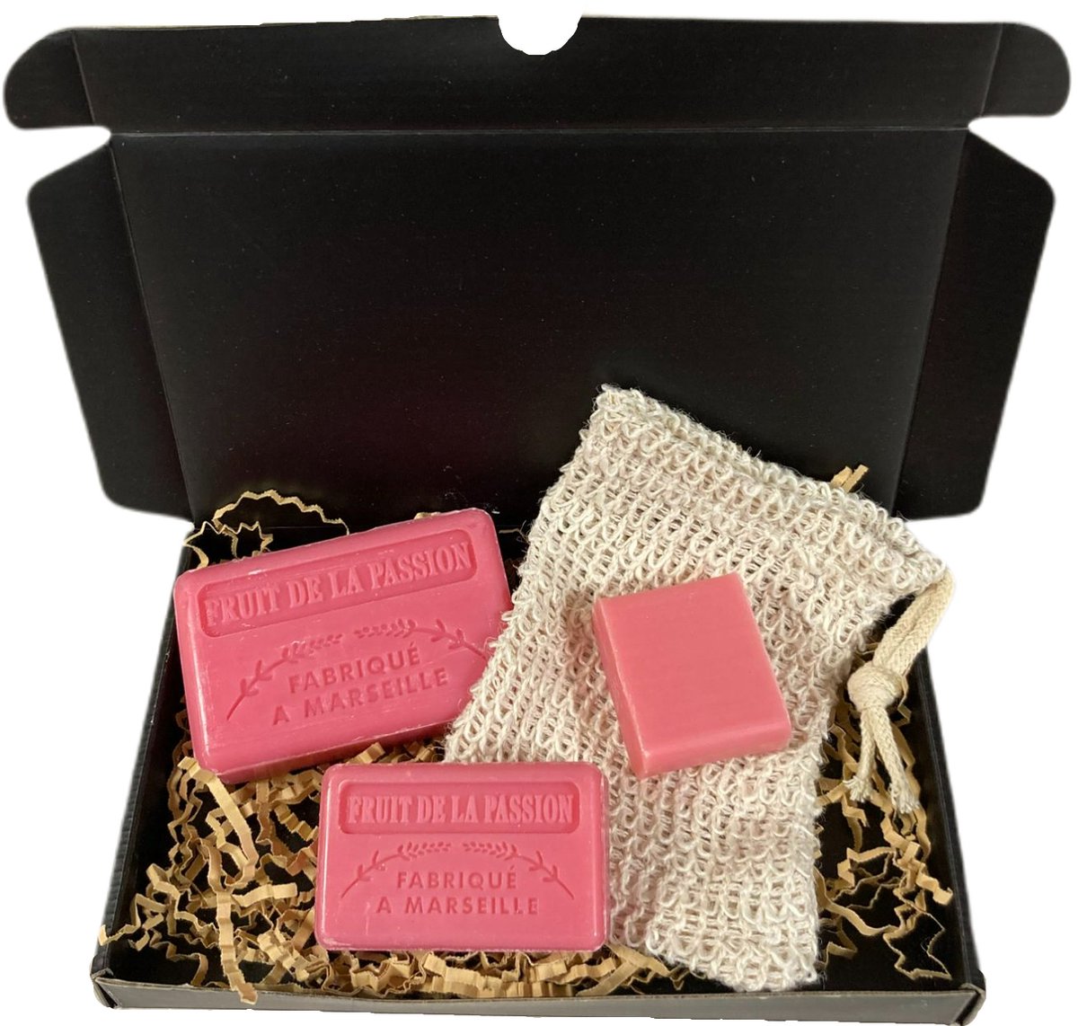 Goedkoopste Zeepbox cadeau Passievrucht 1x125 g. 1x60 g. 1x30g. 1x Sisal zeep scrub zakje