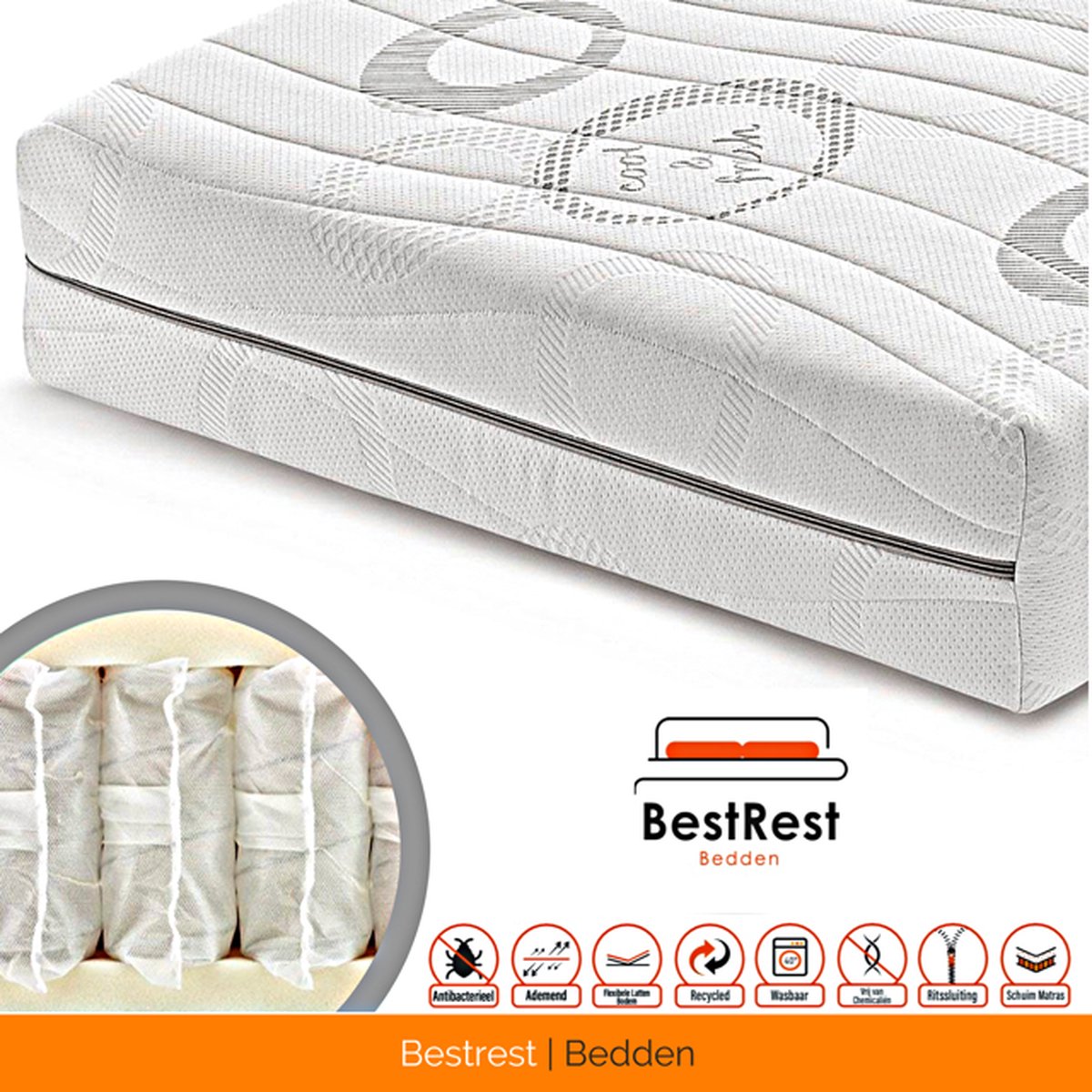Pocketvering matras - 160x220cm - HR koudschuim Hybrid - 7 zones - Koudschuim matras geveerd - Circa 25cm Matrasdikte - Bestrest Bedden