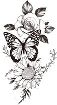 Tijdelijke Tattoo - Tattoo Sticker - Zwart/Wit Tattoo - Ontwerp Tattoo - Vrouwen Tattoo - Tattoos Kinderen - Nep Tattoo - Tatoeage & Tatoeages - Tatoeages Volwassenen - Small Tattoo - 1st | Rose, Butterfly & Sunflower